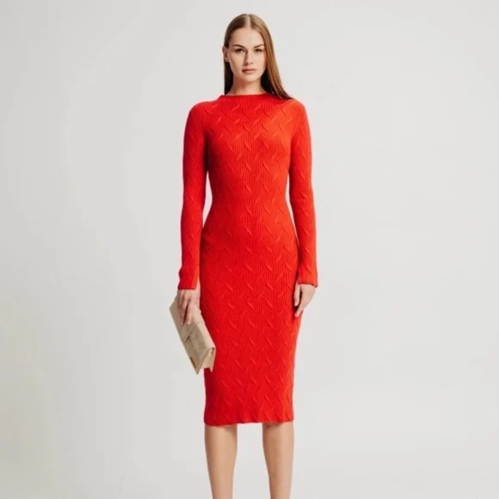 NWT Torn by Ronny Kobo GRACE Cable Knit Long Sleeve Dress Scarlet Red XS